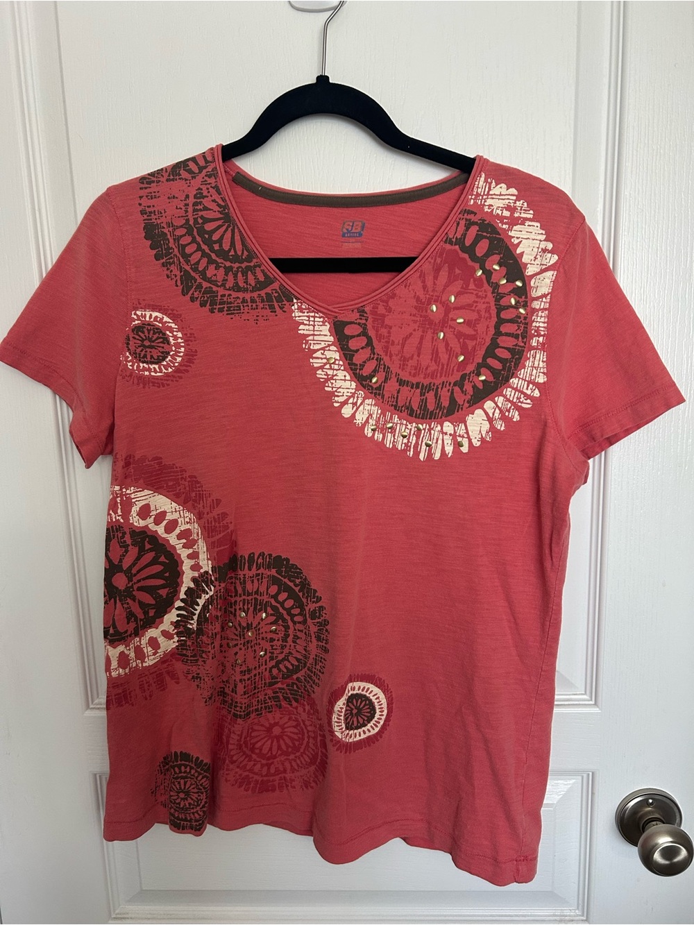 St. John's Bay Coral Short Sleeve V-Neck Tee with Metallic Accents